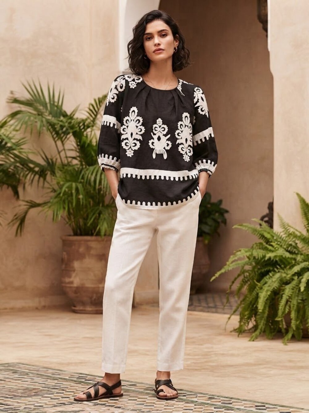 Elegant Black & White Embroidered Boho Blouse - Picture 3 of 3